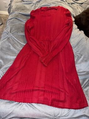 Red Long-Sleeve Ribbed Knit Dress